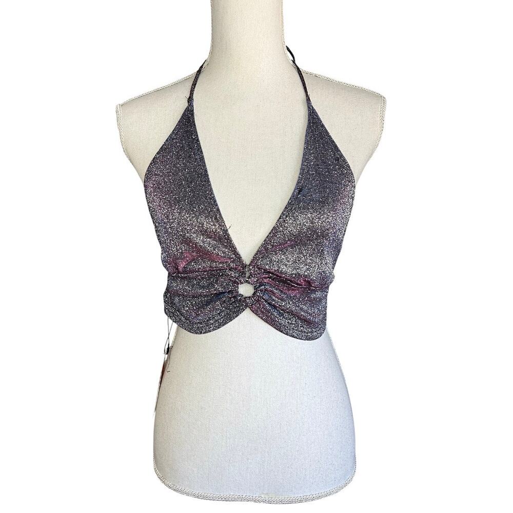 CIDER purple glitter Halter Crop Top NEW rave festival baddie retro disco